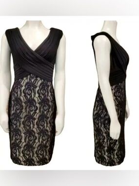 Adrianna Papell Black Lace Faux Wrap Front Dress